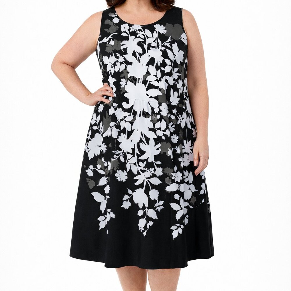 Roaman's Dress Black White Floral Size 16W Sleeveless Upper Back Ruffle Zipper